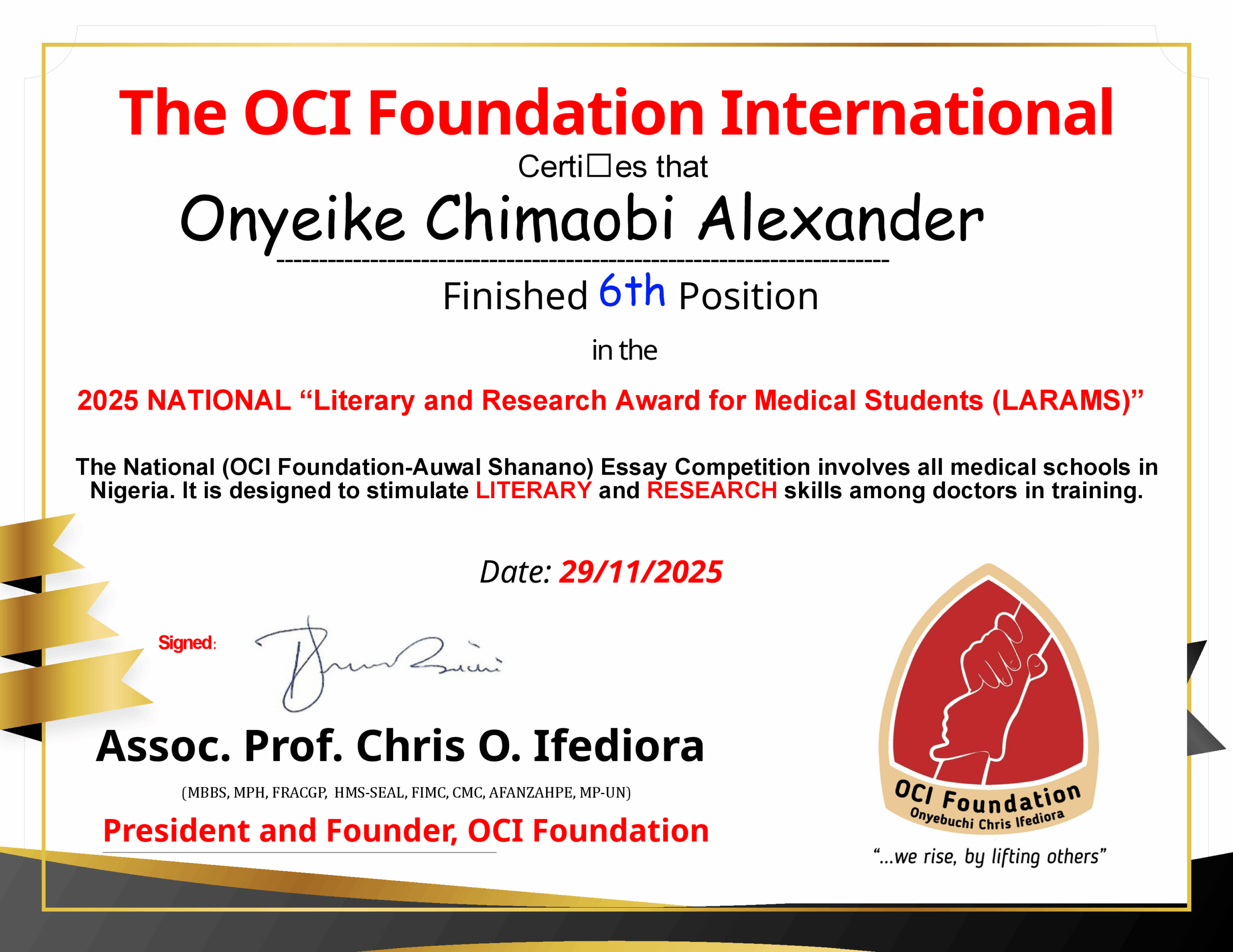 6 Certificates Onyeike 2025 LARAMS National