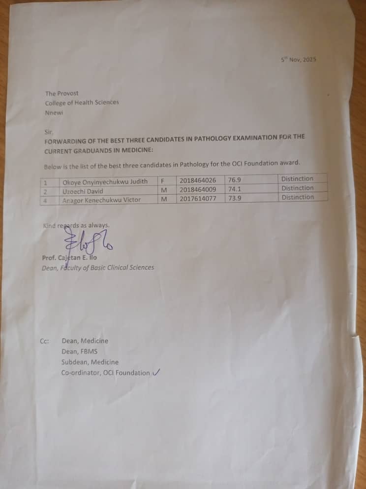 Winners List UNIZIK Letter to OCI